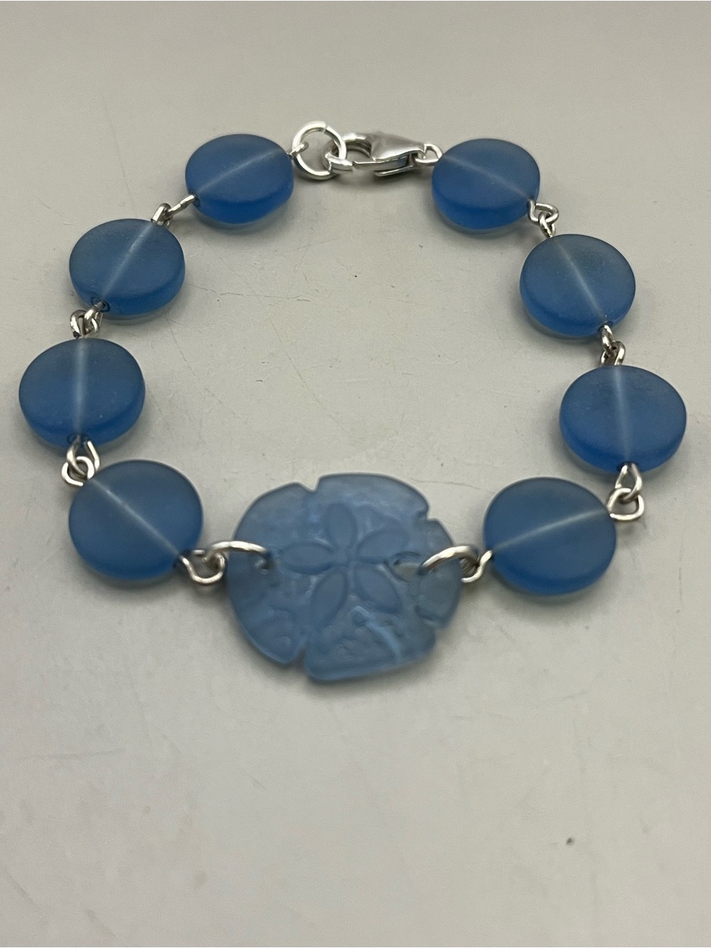 Handmade Sterling Silver 925 Blue Sea Glass Sand Dollar Charm Bracelet Beachy